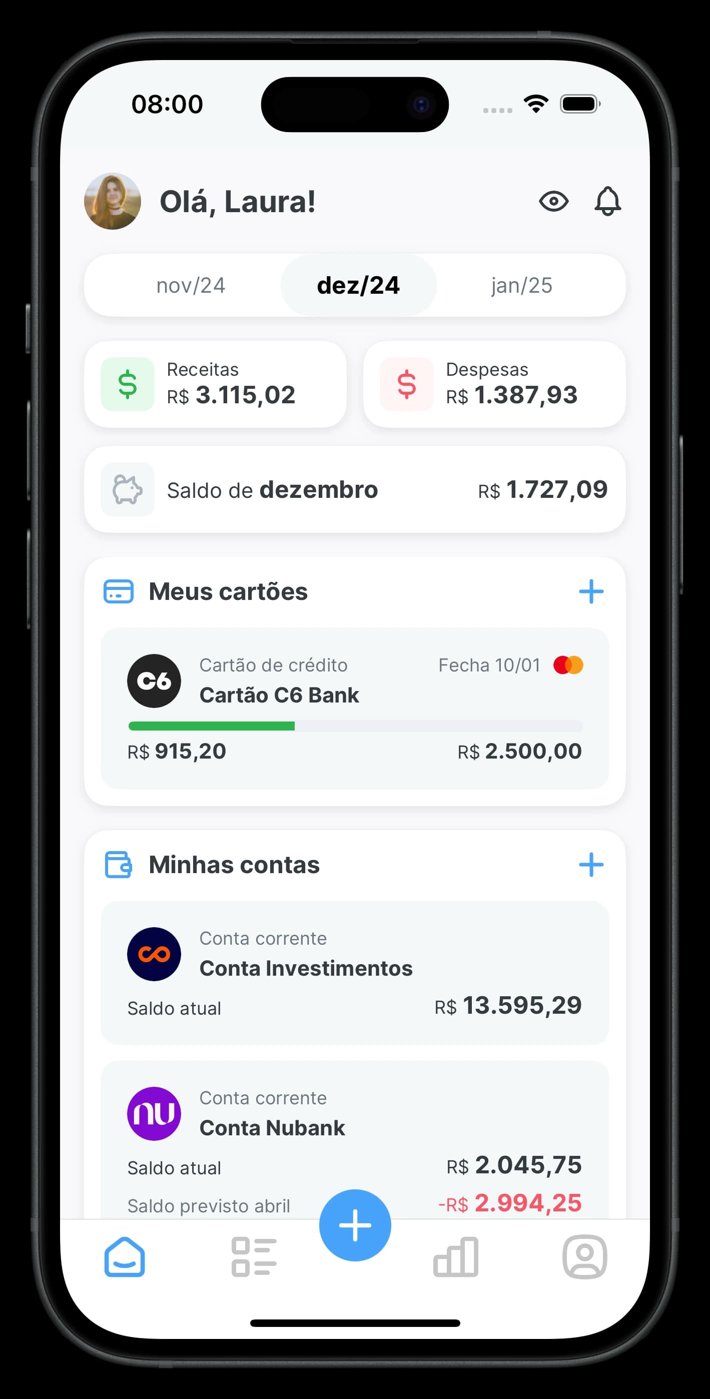 Tela de Início do app Dinzo