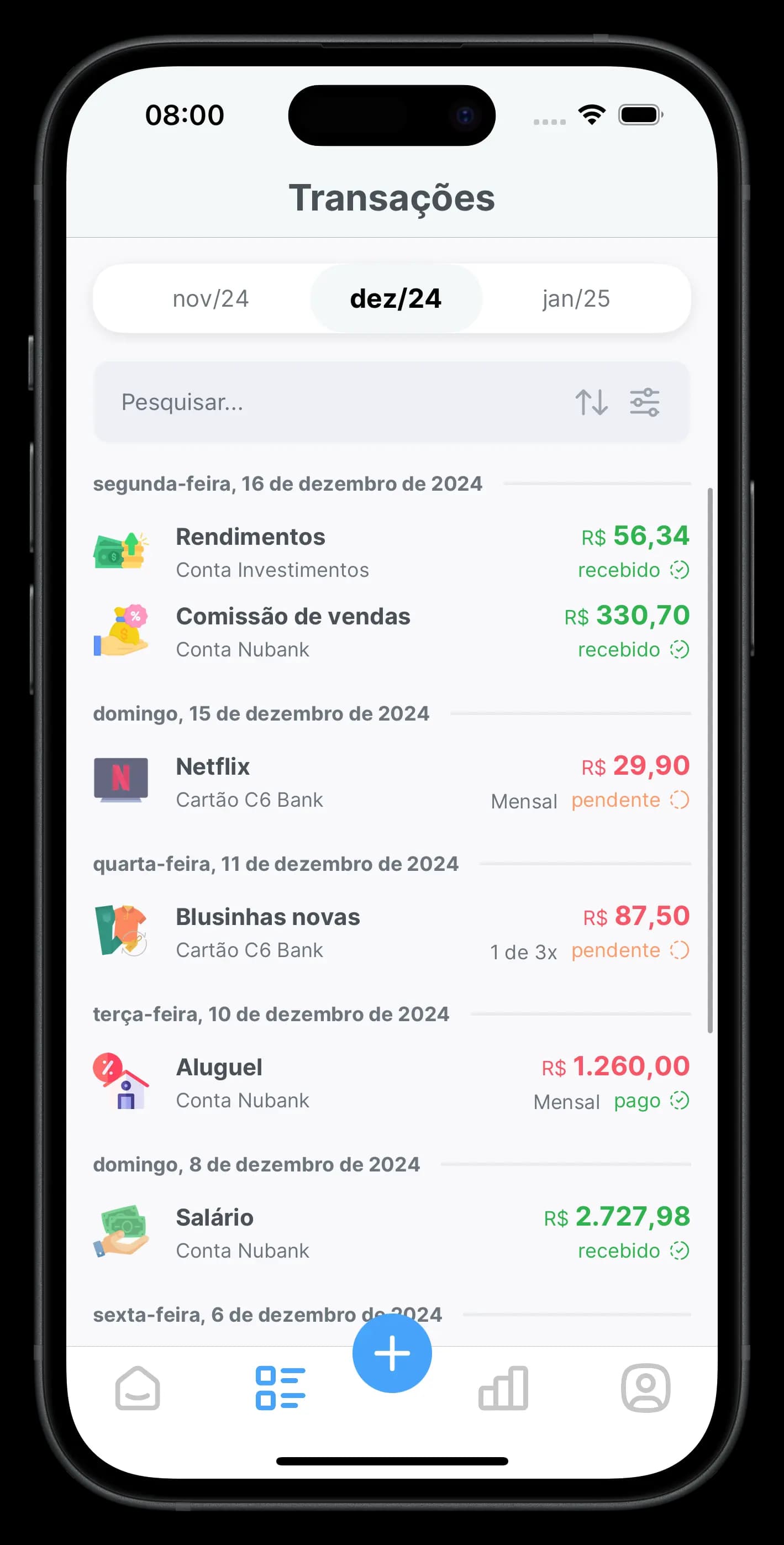 Tela de Transações do app Dinzo
